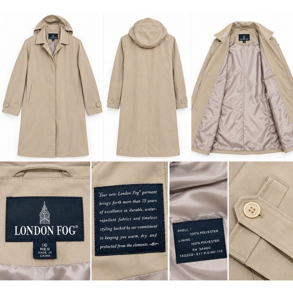 London Fog Women’s Trench Raincoat Size 16 Regular Beige Tan Hooded Long Coat
